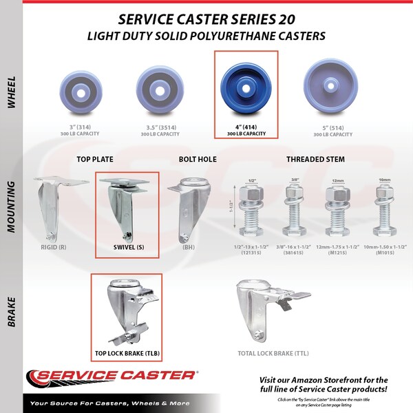 Service Caster 4 Inch Solid Polyurethane Wheel Swivel Top Plate Caster with Brake SCC SCC-20S414-SPUS-TLB-TP2 - main